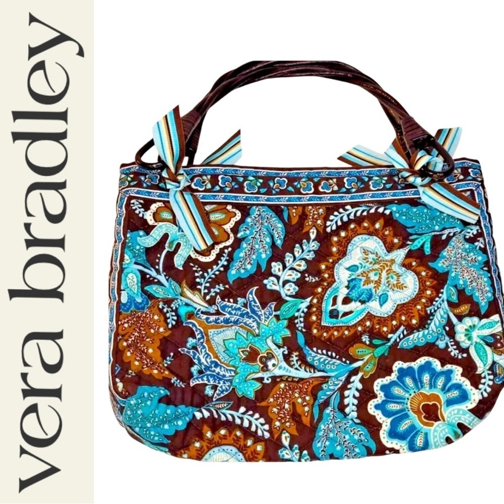 Vera Bradley Quilted Bag Blue & Brown Paisley Pattern with Wood Handles NWOT